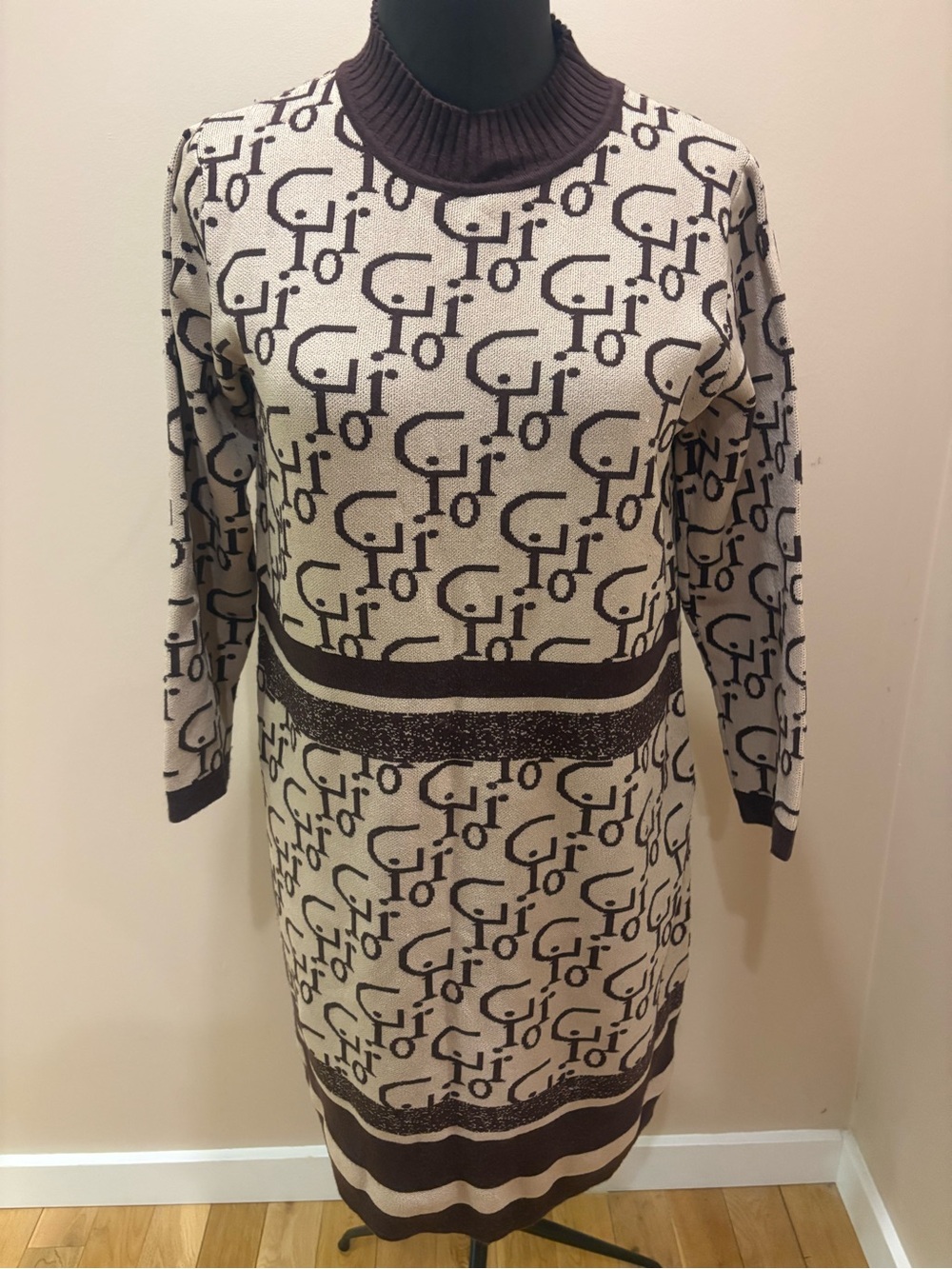 Brand new Brown and Cream Knit Logo-Pattern Sweater Dress